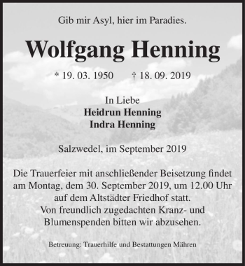 Traueranzeige von Wolfgang Henning  von Magdeburger Volksstimme