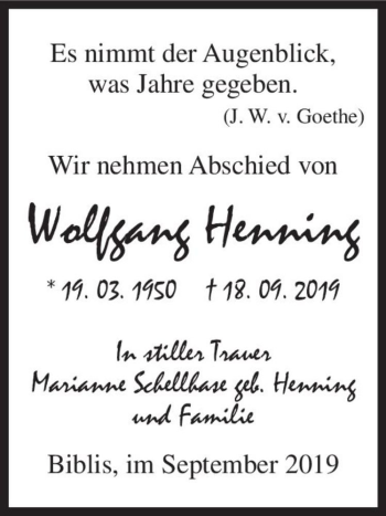 Traueranzeige von Wolfgang Henning  von Magdeburger Volksstimme