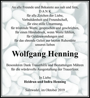 Traueranzeige von Wolfgang Henning  von Magdeburger Volksstimme