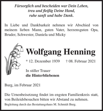 Traueranzeige von Wolfgang Henning  von Magdeburger Volksstimme