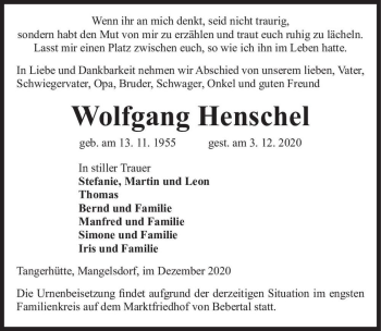 Traueranzeige von Wolfgang Henschel  von Magdeburger Volksstimme