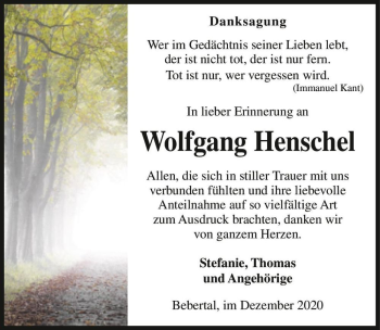 Traueranzeige von Wolfgang Henschel  von Magdeburger Volksstimme