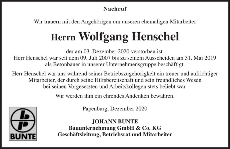  Traueranzeige für Wolfgang Henschel  vom 12.12.2020 aus Magdeburger Volksstimme