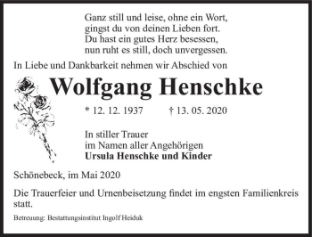 Traueranzeige von Wolfgang Henschke  von Magdeburger Volksstimme