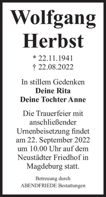 Traueranzeige von Wolfgang Herbst  von Magdeburger Volksstimme