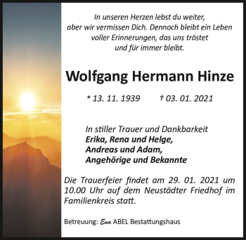Traueranzeige von Wolfgang Hermann Hinze  von Magdeburger Volksstimme