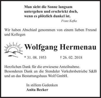 Traueranzeige von Wolfgang Hermenau  von Magdeburger Volksstimme
