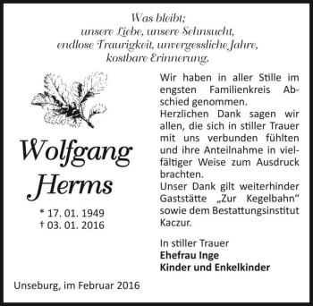 Traueranzeige von Wolfgang Herms  von Magdeburger Volksstimme
