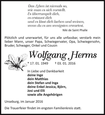Traueranzeige von Wolfgang Herms  von Magdeburger Volksstimme