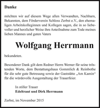 Traueranzeige von Wolfgang Herrmann  von Magdeburger Volksstimme