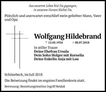 Traueranzeige von Wolfgang Hildebrand  von Magdeburger Volksstimme