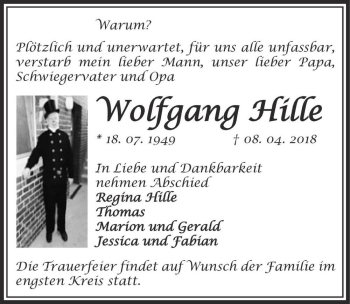 Traueranzeige von Wolfgang Hille  von Magdeburger Volksstimme