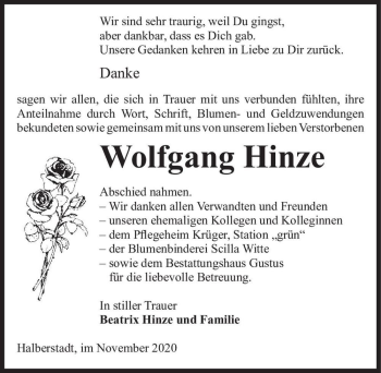 Traueranzeige von Wolfgang Hinze  von Magdeburger Volksstimme