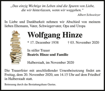 Traueranzeige von Wolfgang Hinze  von Magdeburger Volksstimme