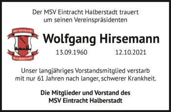 Traueranzeige von Wolfgang Hirsemann  von Magdeburger Volksstimme