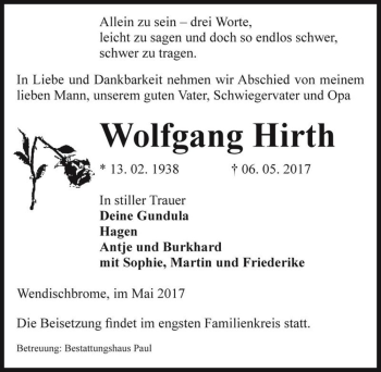 Traueranzeige von Wolfgang Hirth  von Magdeburger Volksstimme