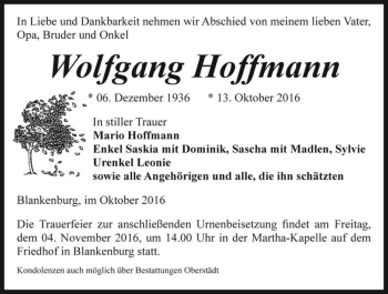 Traueranzeige von Wolfgang Hoffmann  von Magdeburger Volksstimme