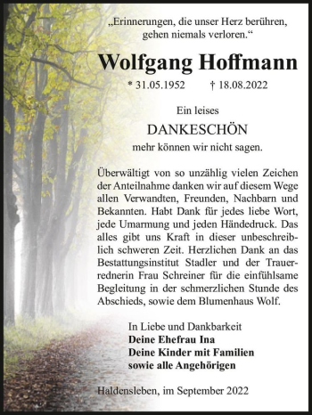 Traueranzeige von Wolfgang Hoffmann  von Magdeburger Volksstimme