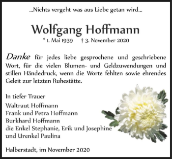 Traueranzeige von Wolfgang Hoffmann  von Magdeburger Volksstimme