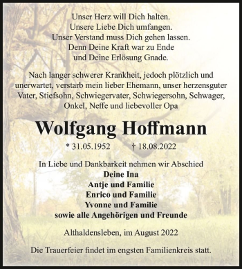 Traueranzeige von Wolfgang Hoffmann  von Magdeburger Volksstimme