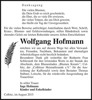 Traueranzeige von Wolfgang Hofmann  von Magdeburger Volksstimme