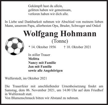 Traueranzeige von Wolfgang Hohmann 