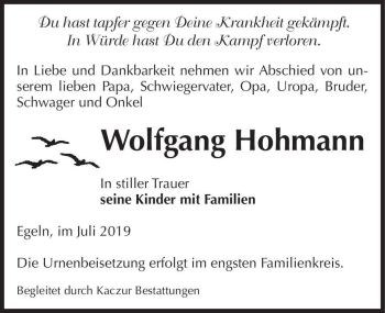 Traueranzeige von Wolfgang Hohmann  von Magdeburger Volksstimme