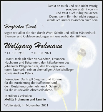 Traueranzeige von Wolfgang Hohmann  von Magdeburger Volksstimme