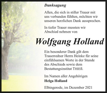 Traueranzeige von Wolfgang Holland  von Magdeburger Volksstimme