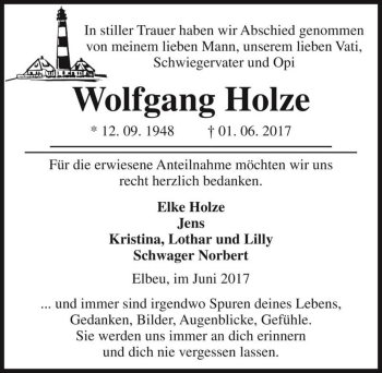 Traueranzeige von Wolfgang Holze  von Magdeburger Volksstimme