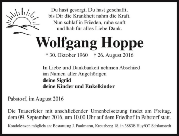 Traueranzeige von Wolfgang Hoppe  von Magdeburger Volksstimme