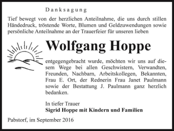 Traueranzeige von Wolfgang Hoppe  von Magdeburger Volksstimme