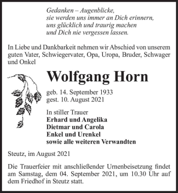 Traueranzeige von Wolfgang Horn  von Magdeburger Volksstimme