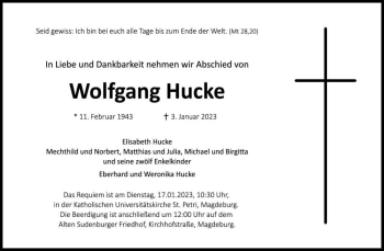 Traueranzeige von Wolfgang Hucke  von Magdeburger Volksstimme
