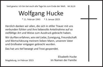 Traueranzeige von Wolfgang Hucke  von Magdeburger Volksstimme