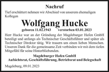 Traueranzeige von Wolfgang Hucke  von Magdeburger Volksstimme