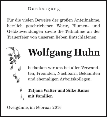 Traueranzeige von Wolfgang Huhn  von Magdeburger Volksstimme