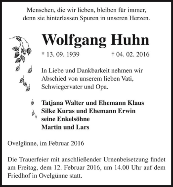 Traueranzeige von Wolfgang Huhn  von Magdeburger Volksstimme