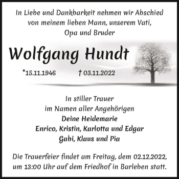 Traueranzeige von Wolfgang Hundt  von Magdeburger Volksstimme