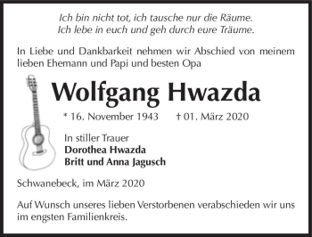 Traueranzeige von Wolfgang Hwazda  von Magdeburger Volksstimme