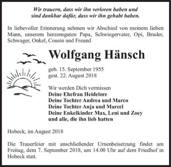 Traueranzeige von Wolfgang Hänsch  von Magdeburger Volksstimme