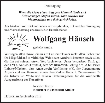 Traueranzeige von Wolfgang Hänsch  von Magdeburger Volksstimme
