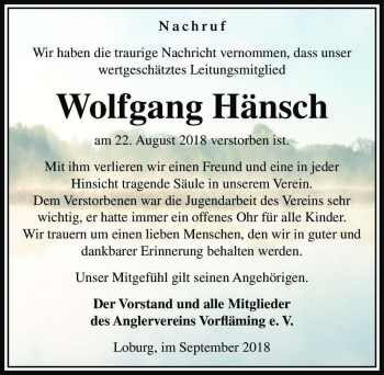Traueranzeige von Wolfgang Hänsch  von Magdeburger Volksstimme