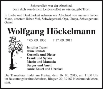 Traueranzeige von Wolfgang Höckelmann  von Magdeburger Volksstimme