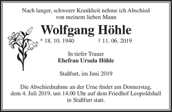 Traueranzeige von Wolfgang Höhle  von Magdeburger Volksstimme