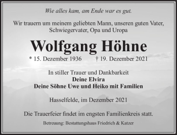 Traueranzeige von Wolfgang Höhne  von Magdeburger Volksstimme