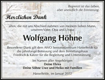Traueranzeige von Wolfgang Höhne  von Magdeburger Volksstimme