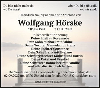 Traueranzeige von Wolfgang Hörske  von Magdeburger Volksstimme