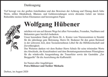 Traueranzeige von Wolfgang Hübener  von Magdeburger Volksstimme