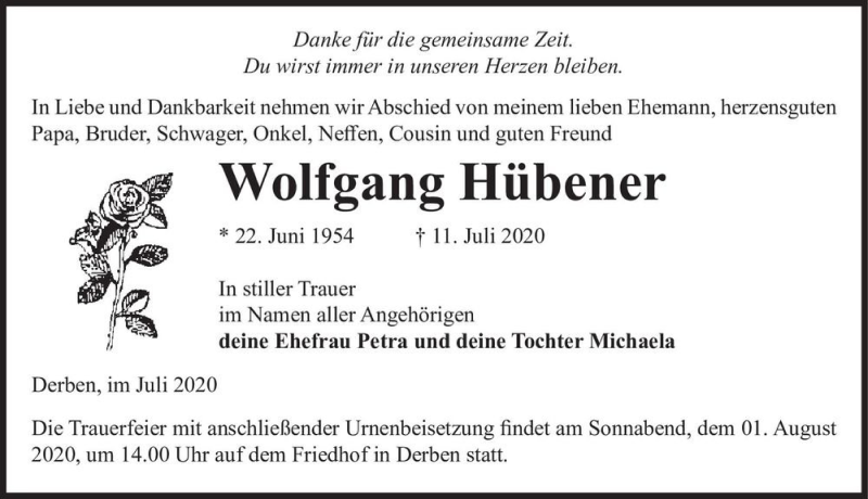  Traueranzeige für Wolfgang Hübener  vom 18.07.2020 aus Magdeburger Volksstimme
